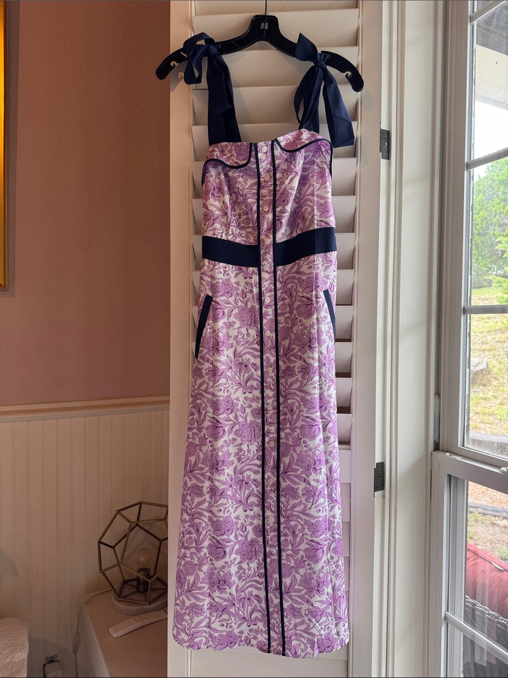Lavender Floral Tie-Shoulder Midi Dress with Navy Trim